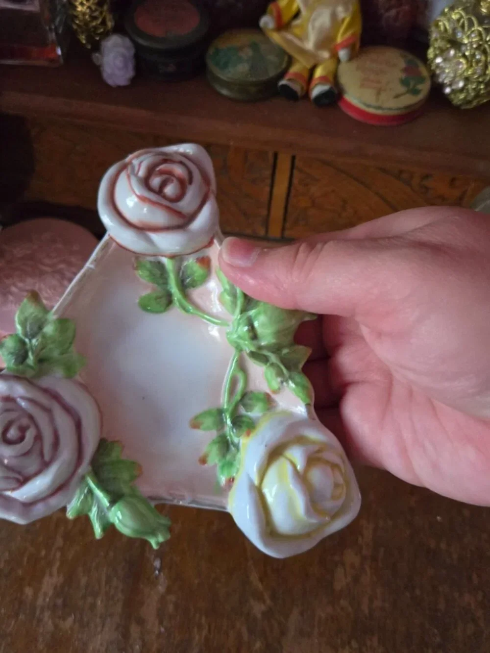 Vintage German Porcelain Rose Trinket Dish & Wall Hanging Art Cottagecore